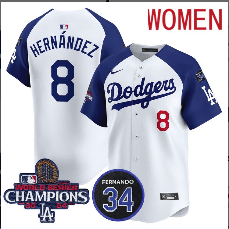 Women MLB Los Angeles Dodgers 8 Hernandez white 2024 World Series Champions Patch Limited Jersey
